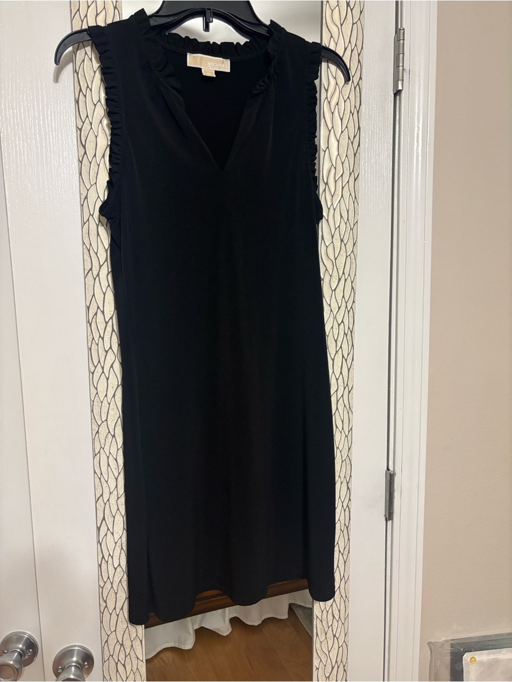 Michael Kors Black V-Neck Sleeveless Midi Dress with Ruffle Trim